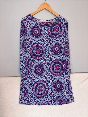 Peace Love Blue & Pink Geometric Medallion Tunic Boho Retro Dress Size Large